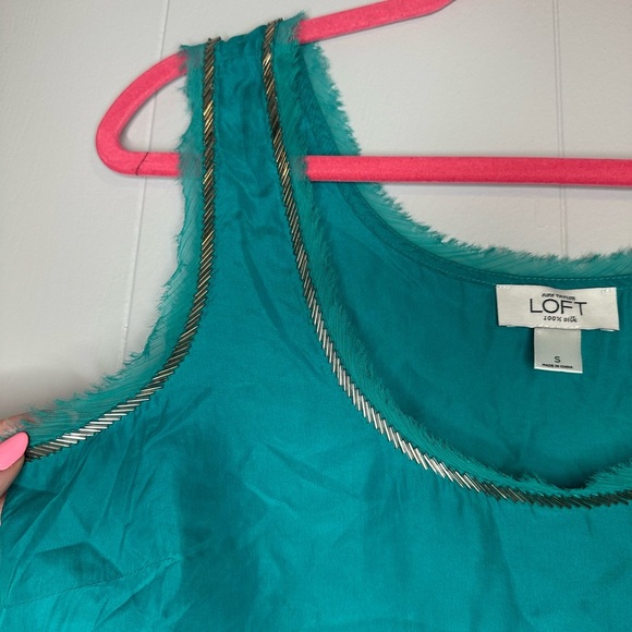 LOFT 100% Silk Teal Tank Top – Raw Edge Beaded Chain Boho Festival Top - Picture 3 of 8